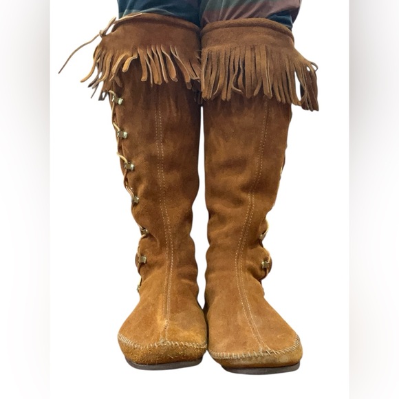 Vintage Minnetonka knee-high lace up tan/brown suede boots-made in the USA –8 - Picture 6 of 9